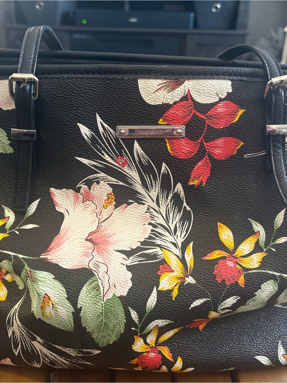 Nine West Black Floral Tote with Pink, Red and Yellow Blooms